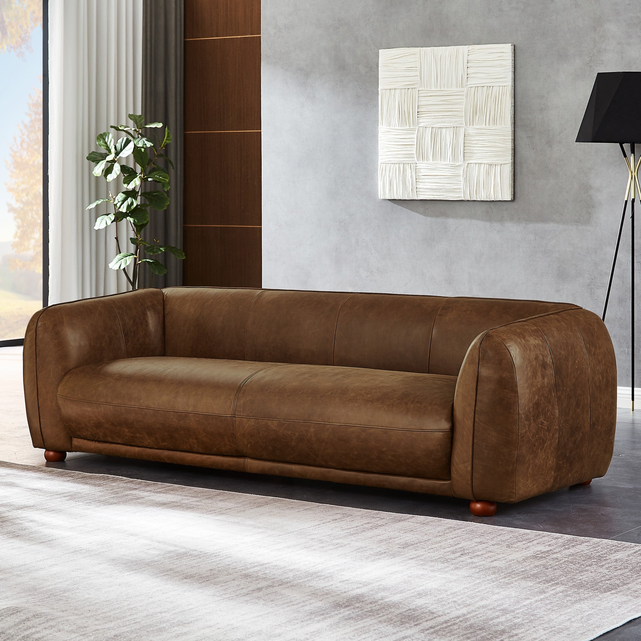 Millsery Mid-Century Real Leather Sofa